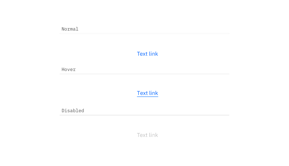 Example of enabled, hover, and disabled link states